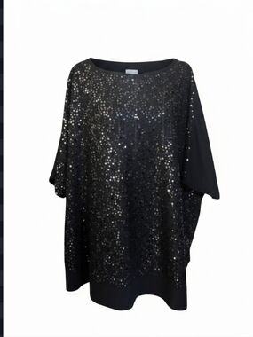 Diane Gilman DG2 Black Sequin Front Batwing Oversized Comfy Knit Top Sz 2X